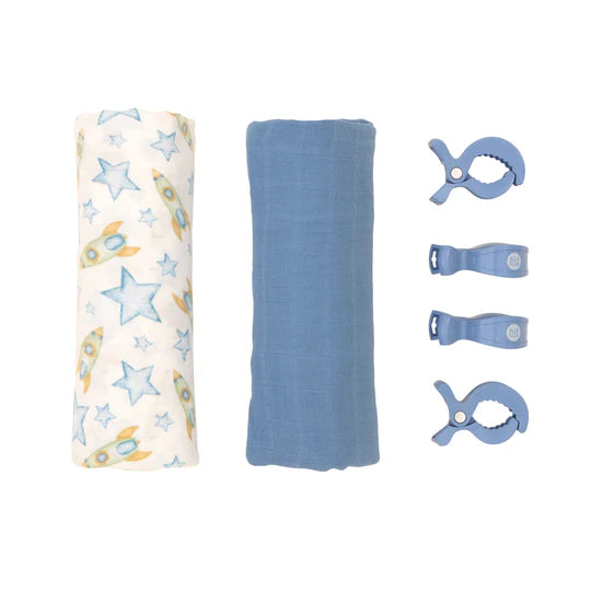 All 4 Ella 2 Pack Organic Muslin Swaddles & 4 Peg Gift Set - Rocket