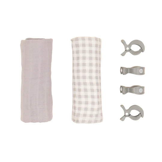 All 4 Ella 2 Pack Organic Muslin Swaddles & 4 Peg Gift Set - Gingham Grey