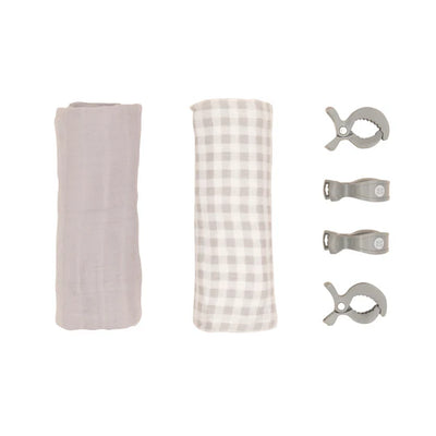 All 4 Ella 2 Pack Organic Muslin Swaddles & 4 Peg Gift Set - Gingham Grey