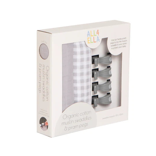 All 4 Ella 2 Pack Organic Muslin Swaddles & 4 Peg Gift Set - Gingham Grey