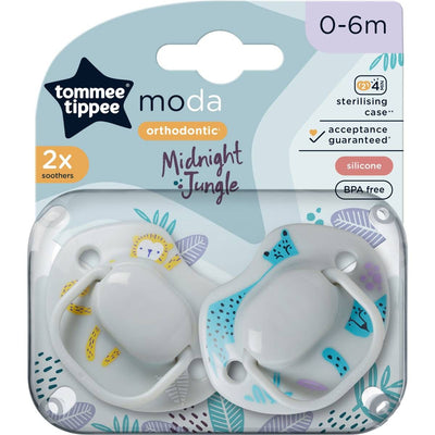 Tommee Tippee Moda Orthodontic Soothers 0-6 months 2 Pack Midnight Jungle - Yellow/Blue/Grey