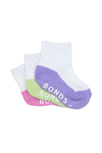 Bonds Baby Cushioned Quarter Crew Socks 3 Pack - Lilac/Lime/Pink