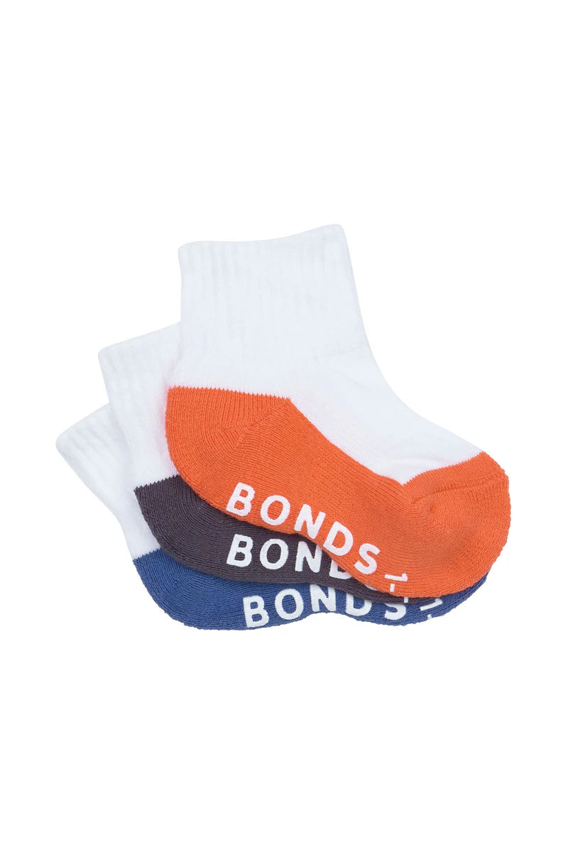 Bonds Baby Cushioned Quarter Crew Socks 3 Pack - Blue/Charcoal/Orange