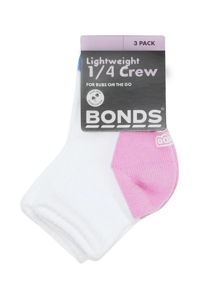 Bonds Baby Logo Lightweight Quarter Crew Socks 3 Pack - Blue/Lilac/Pink