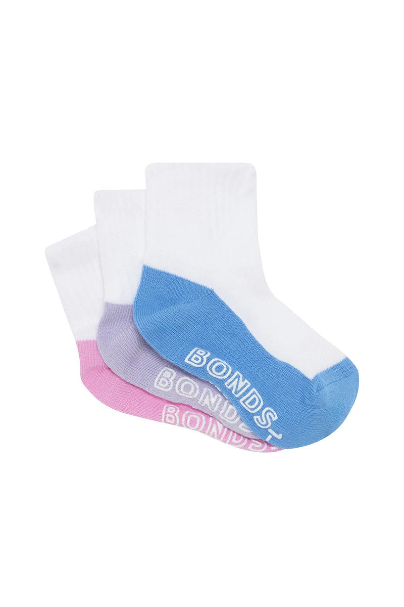 Bonds Baby Logo Lightweight Quarter Crew Socks 3 Pack - Blue/Lilac/Pink