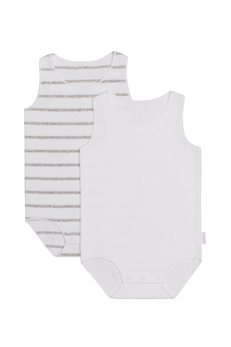 Bonds Baby Wonderbodies Rib Singletsuit 2 Pack - White & Grey Stripe/White