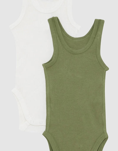 Bonds Organic Rib Singlet Bodysuit 2 Pack - Kelpie / Marscapone