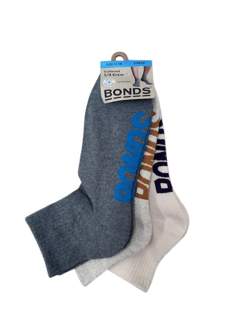 Bonds Mens Logo Quarter Crew 3 Pack - Charcoal/Oatmeal/Natural With Coloured Logo