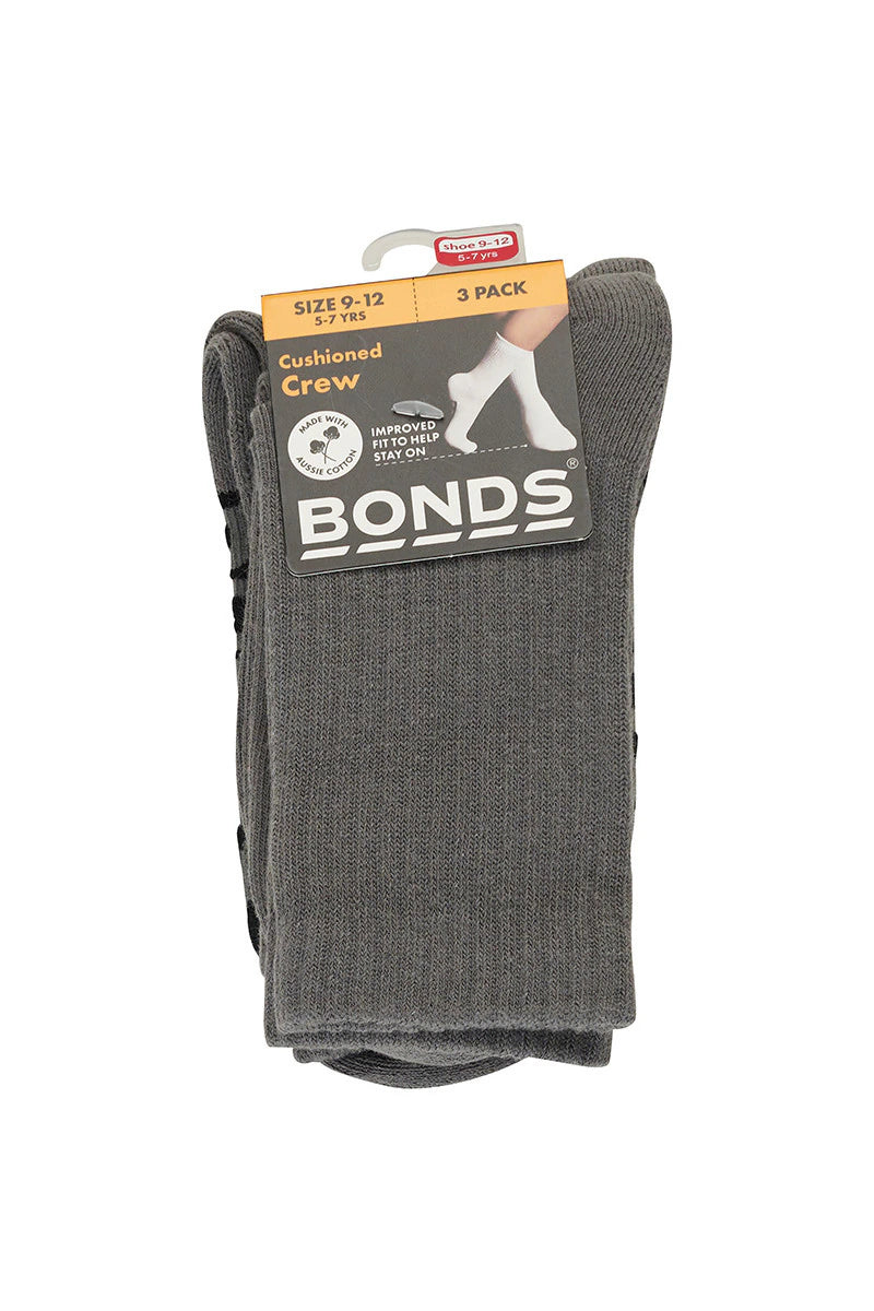 Bonds Kids Cushioned Crew 3 Pack Socks - School Grey