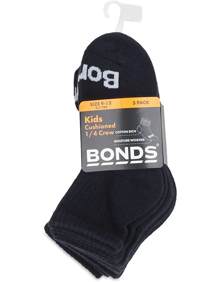 Bonds Kids Cushioned 1/4 Crew Socks - 5 Pack - Black