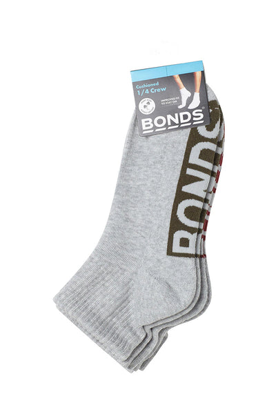 Bonds Mens Logo Cushioned Quarter Crew Socks 3 Pack - Grey Fashion