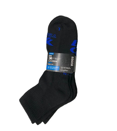 Bonds Mens X-Temp Quarter Crew Socks 3 Pack - Black With Blue Logo