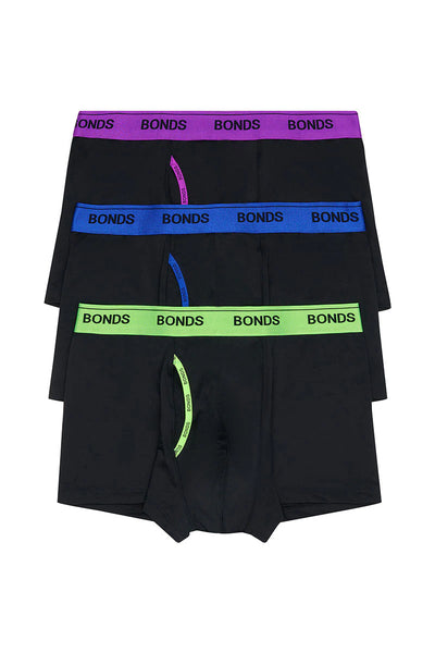 Bonds Men's Microfibre Guyfront Trunk 3 Pack - Black/ Amethyst Glow/ Neon Lime/ Kosciusko