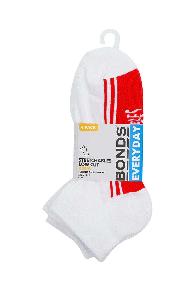 Bonds Kids Stretchables Low Cut Socks 4 Pack - White With Black/Red/Green