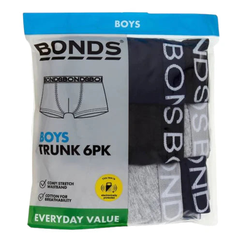 Bonds Boys Trunks Underwear 6 Pack - Black / Grey / Navy