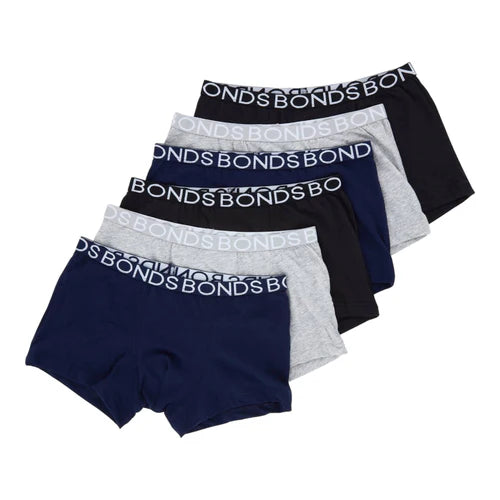 Bonds Boys Trunks Underwear 6 Pack - Black / Grey / Navy