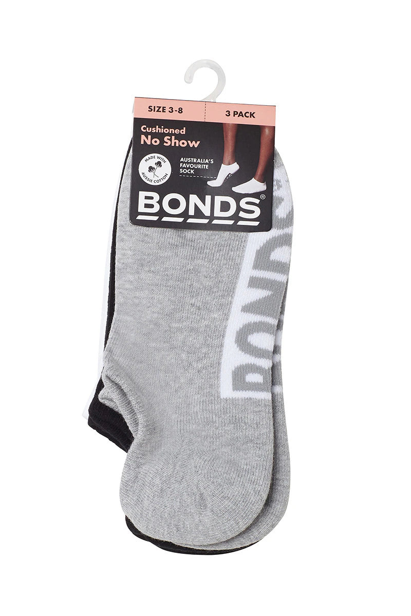 Bonds Womens Logo Cushioned No Show 3 Pack - Grey/White/Black