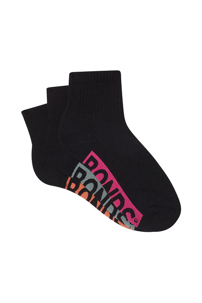Bonds Womens Logo Cushioned Quarter Crew Socks 3 Pack - Black With Pink/Blue/Peach