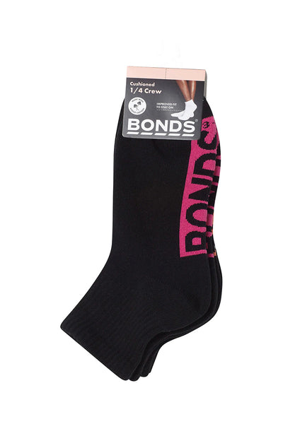 Bonds Womens Logo Cushioned Quarter Crew Socks 3 Pack - Black With Pink/Blue/Peach