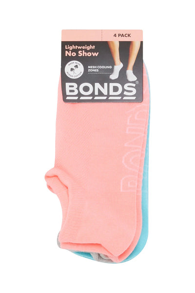 Bonds Womens Logo Light No Show Socks 4 Pack - Love Bird/Grey/Aqua/Lilac