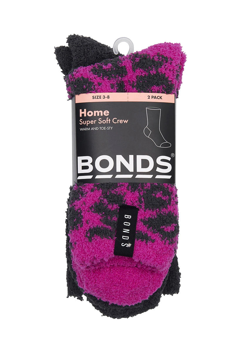 Bonds Womens Supersoft Crew Socks 2 Pack - Purple Lepoard/Charcoal