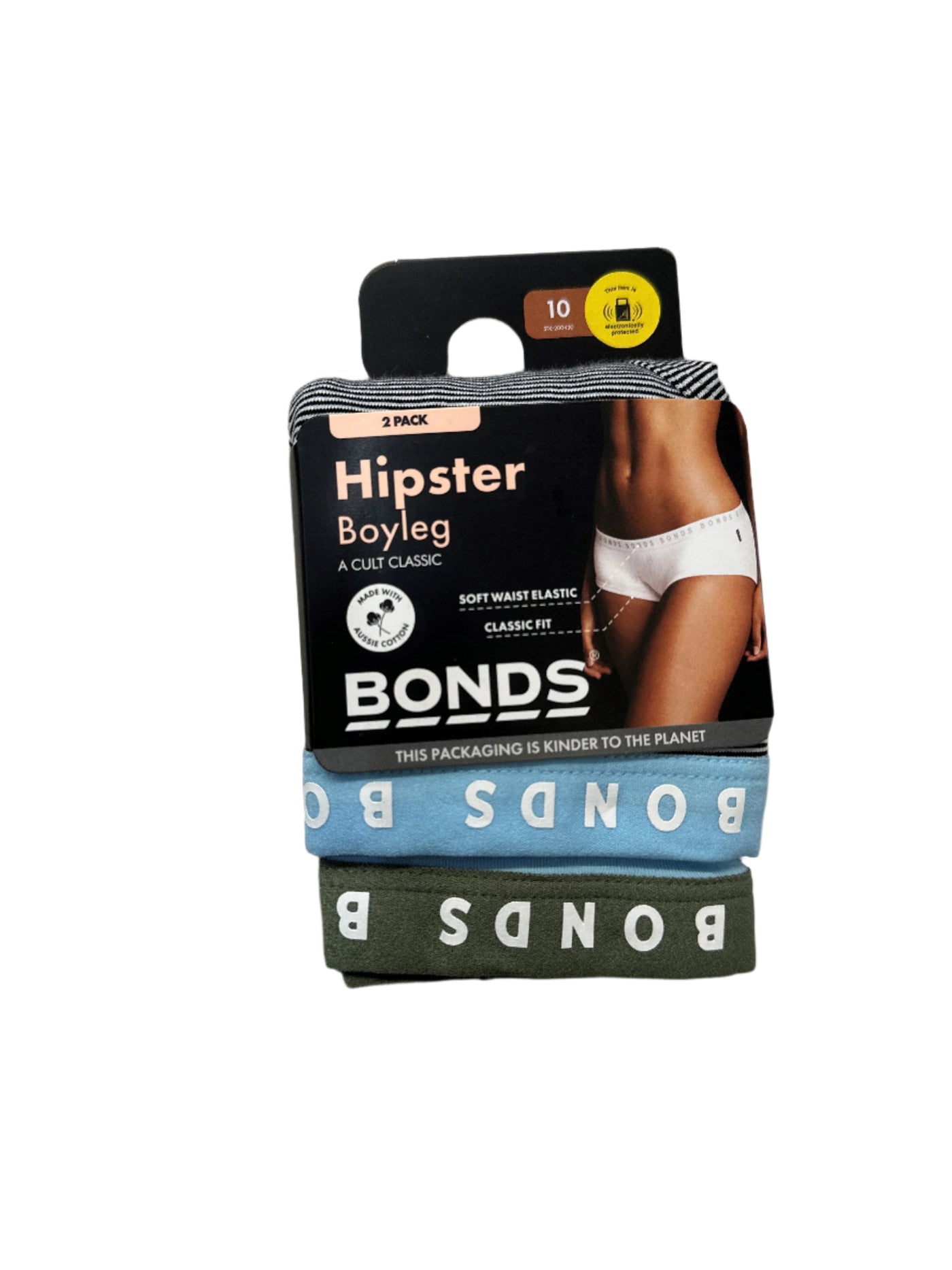 Bonds Womens Hipster Boyleg Briefs 2 Pack - Black White Stripe/Blue-Khaki