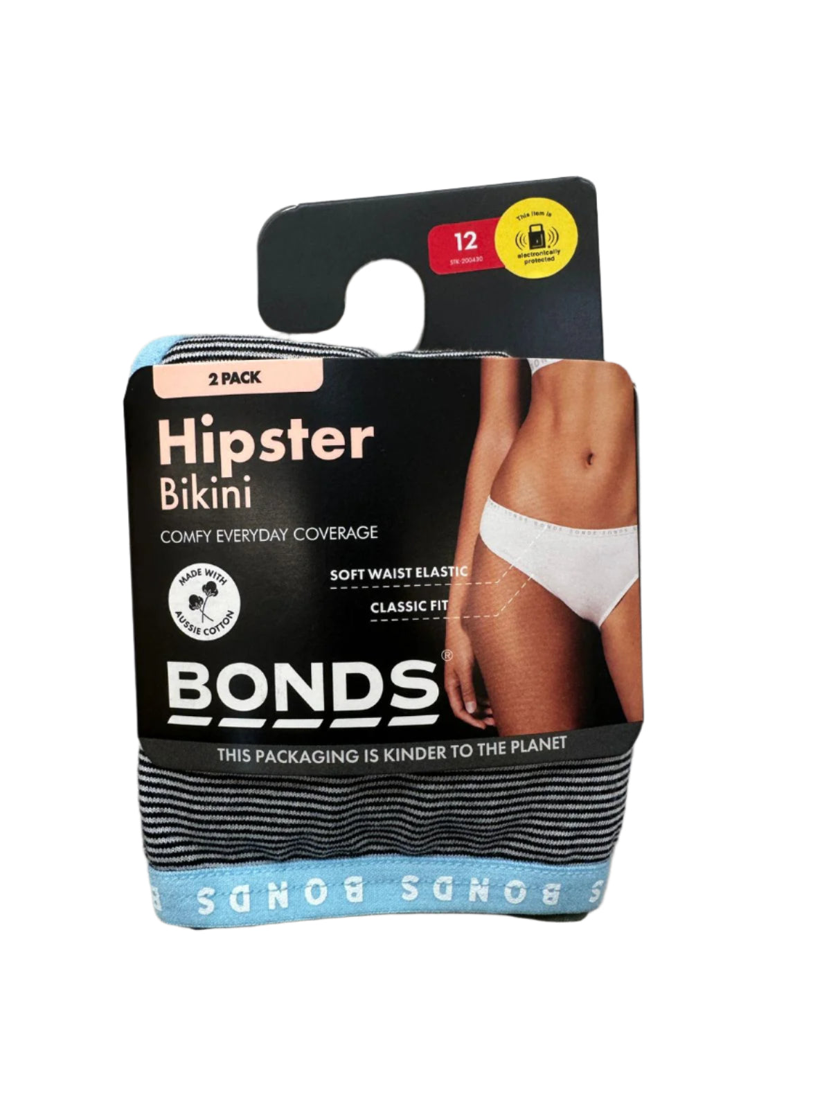 Bonds Womens Hipster Bikini Briefs 2 Pack - Black White Stripe/Blue-Khaki