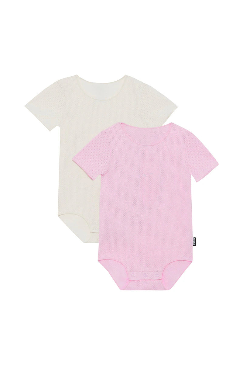 Bonds Wondercool Eyelet Short Sleeve Bodysuit 2 Pack - Cotton Gumball Pink /Macadamia