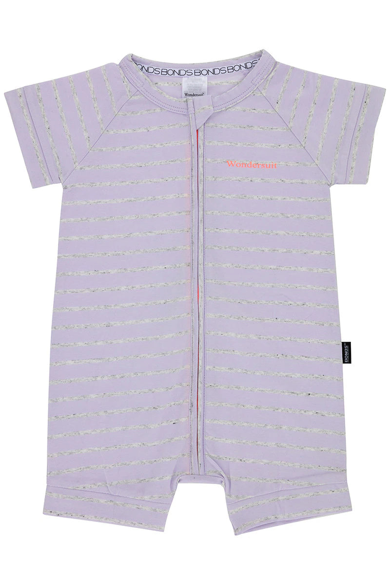 Bonds Short Sleeve Zip Wondersuit Romper - Lilac & Grey Marle Stripe