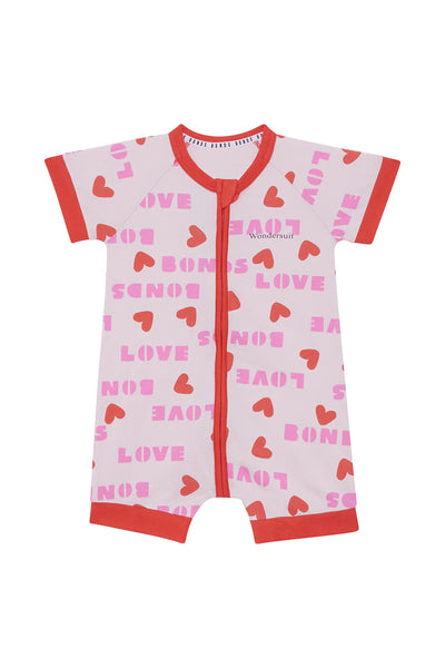 Bonds Short Sleeve Zip Romper - Bonds Love Hearts