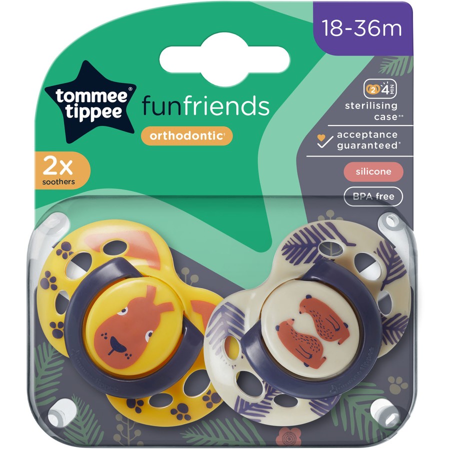 Tommee Tippee Fun Style Orthodontic Soothers 18-36 Months 2 Pack - Yellow Dog / Bear