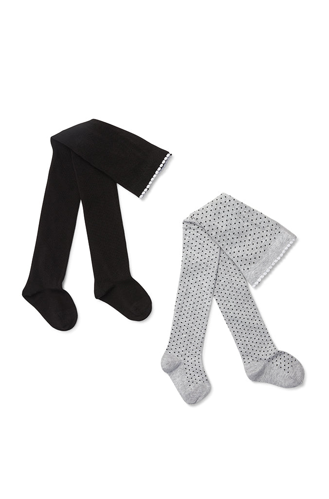 Marquise Girls 2 Pack Tights - Grey Marle Dots/Black