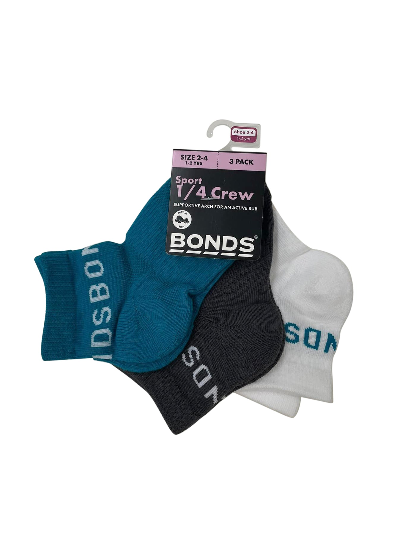 Bonds Baby Active Quarter Crew 3 Pack - Teal/Charcoal/White