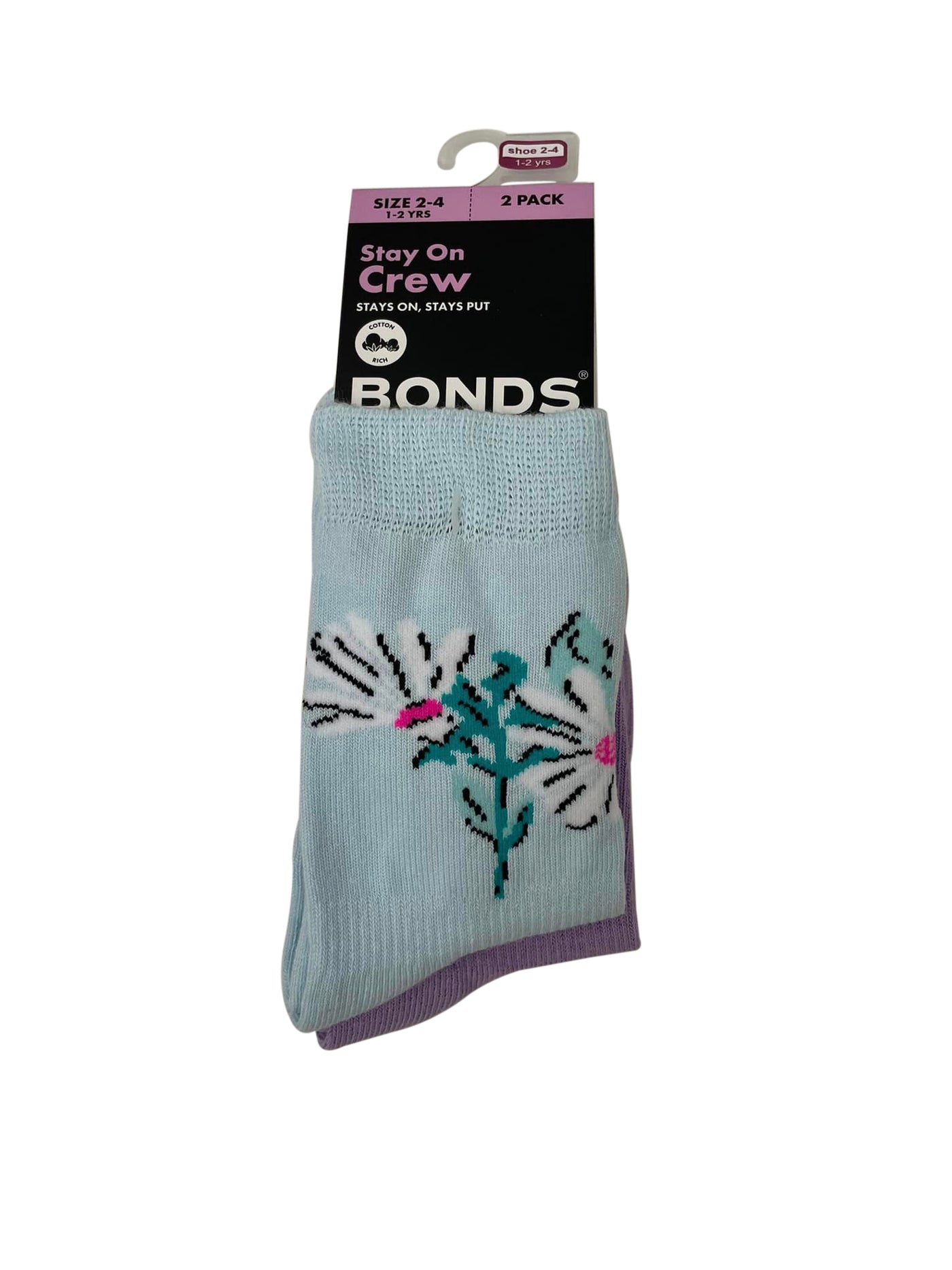 Bonds Baby Stay On Crew Socks 2 Pack - Flower Light Blue/Lilac