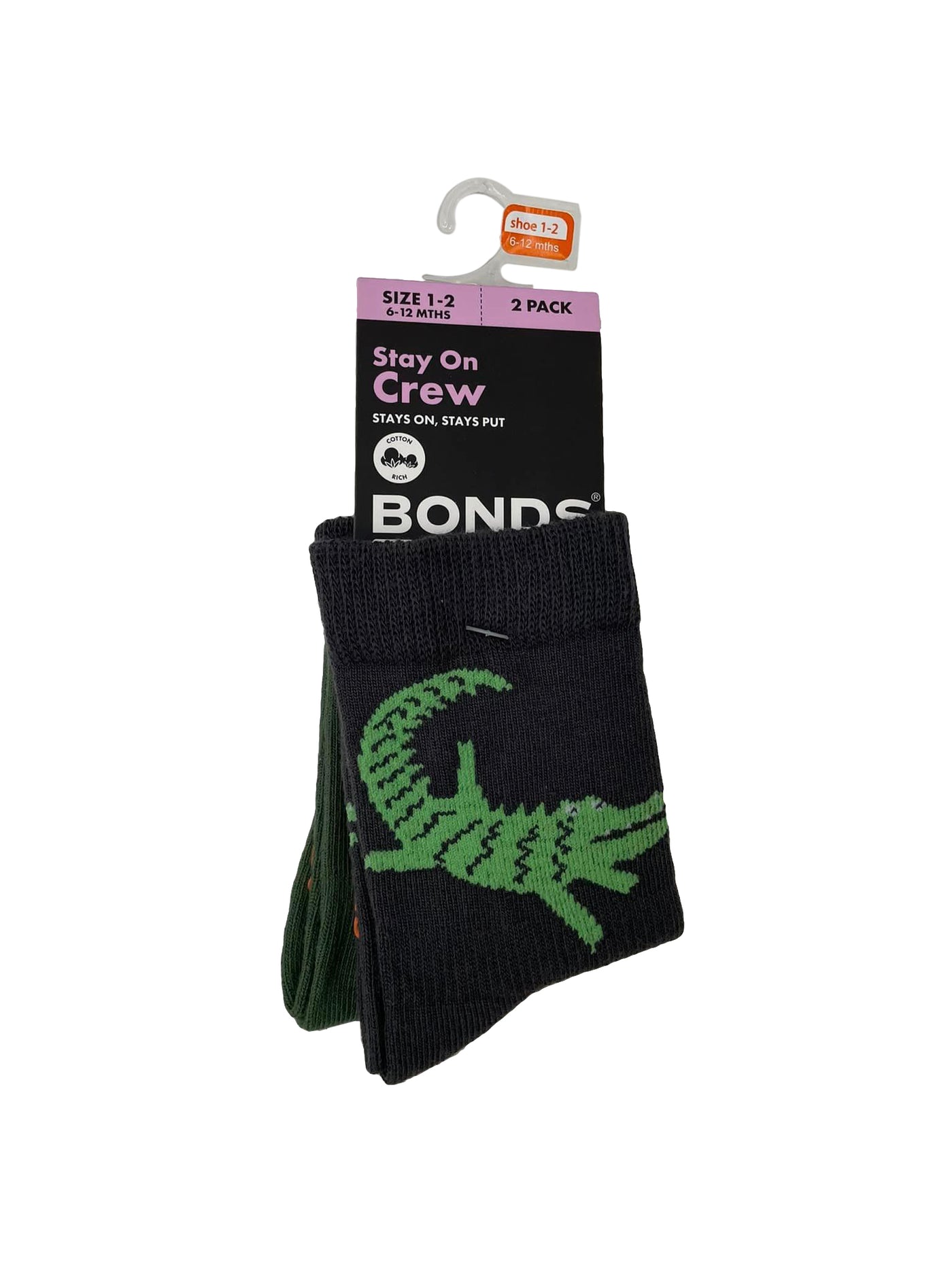 Bonds Baby Stay On Crew Socks 2 Pack - Croc Charcoal/Blade Green