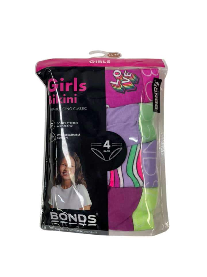 Bonds Girls 4 Pack Bikini Briefs - Love/Lilac/Print/Purple