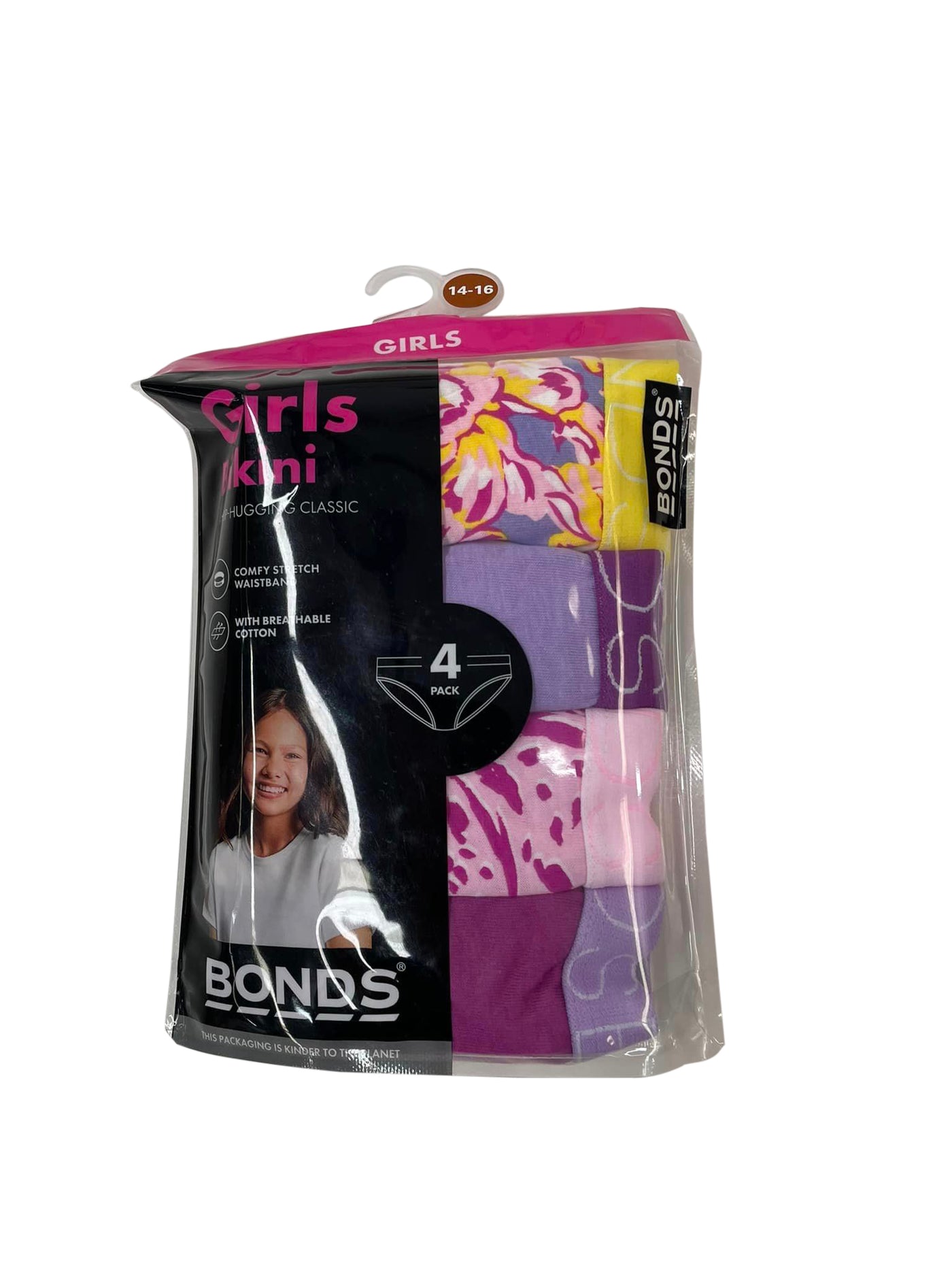 Bonds Girls 4 Pack Bikini Briefs - Flower/Lilac/Pink Print/Purple