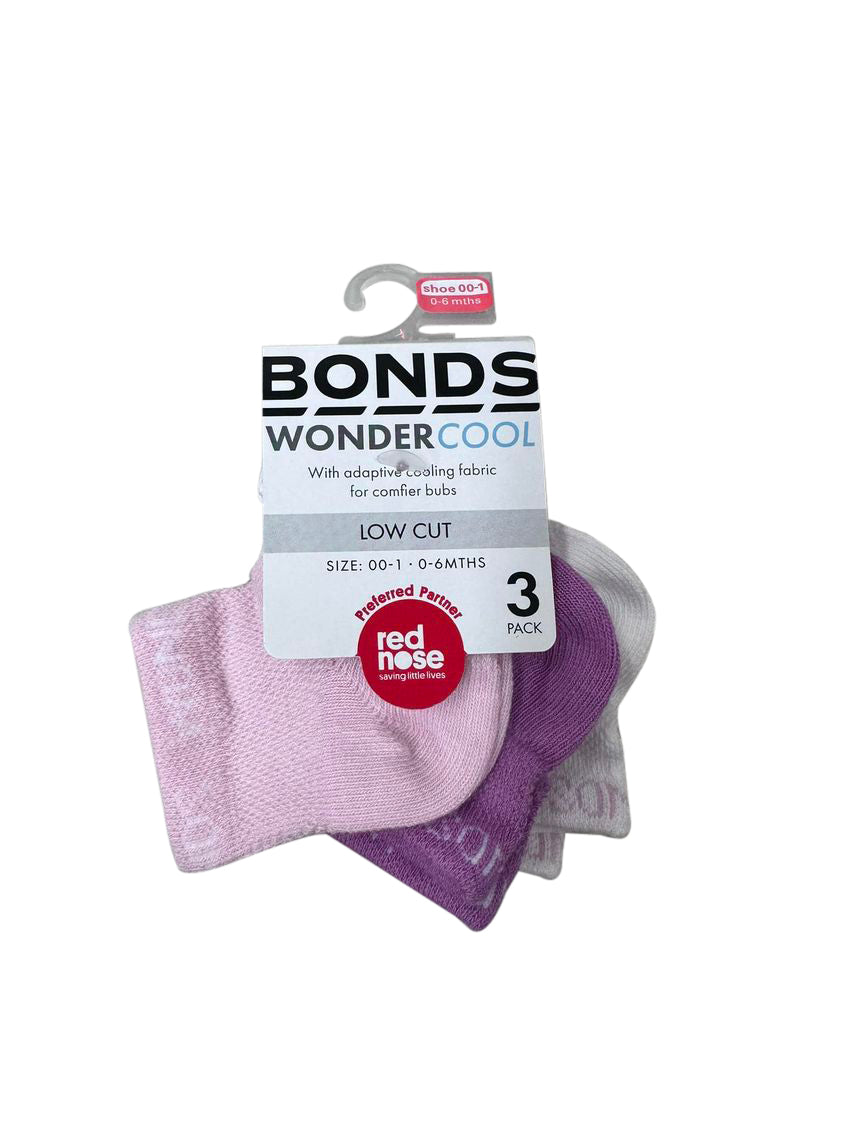 Bonds Baby Wondercool Low Cut Sock 3 Pack - Pale Pink/Purple/White