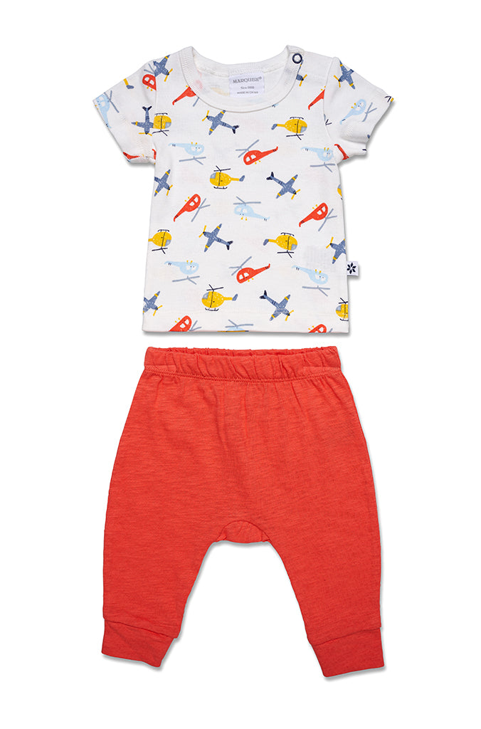 Marquise Baby Boys Aeroplane T-Shirt And Slub Jersey Pant - Red/Print