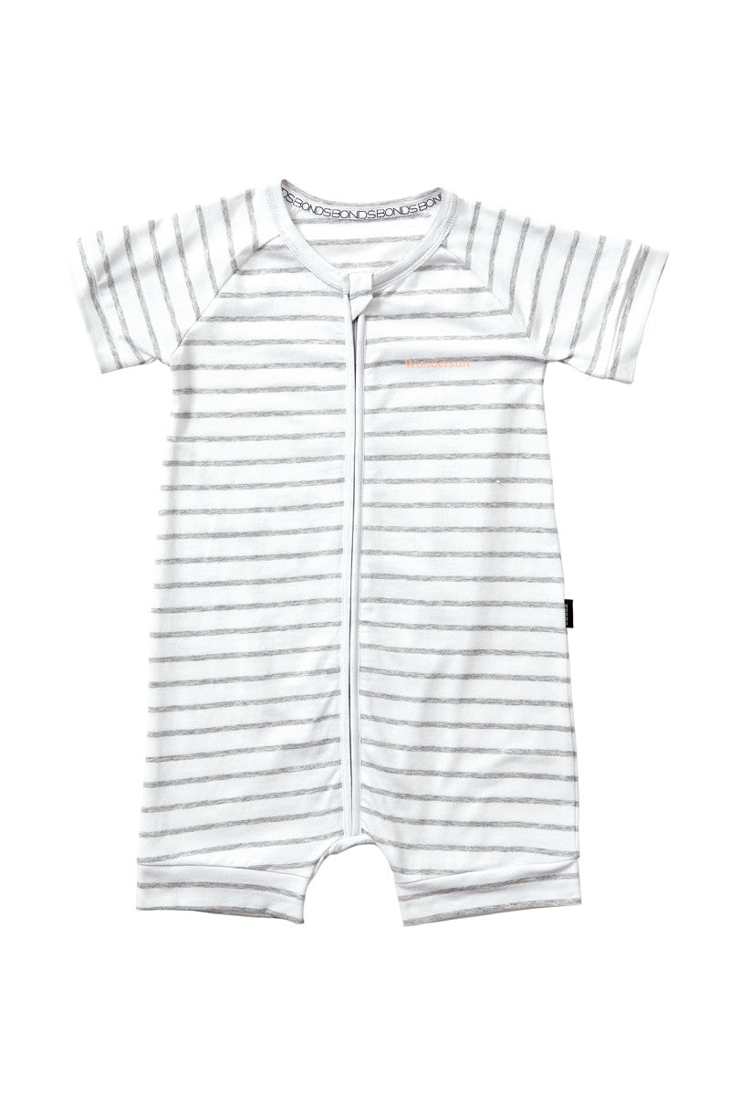 Bonds Short Sleeve Zip Wondersuit Romper - New Grey Marle & White Stripe