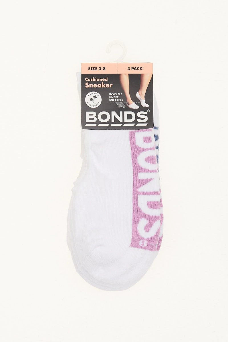 Bonds Womens Logo Cushioned Sneaker Socks 3 Pack - Berry/Denim/Lilac