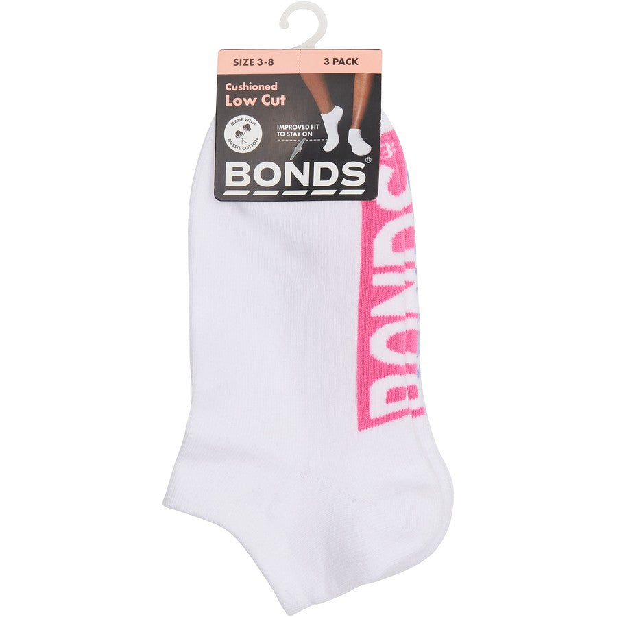 Bonds Womens Cushioned Low Cut Socks 3 Pack - White/Green/Pink/Blue