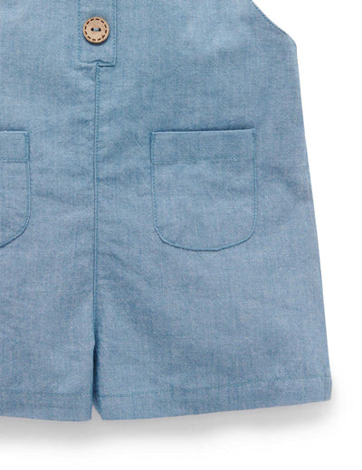 Purebaby Button Front Shortie Overall - Mid Blue Chambray