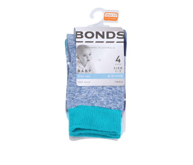 Bonds Baby Stay On Crew Socks 4 Pack - Denim Marle/Grey/Navy/White