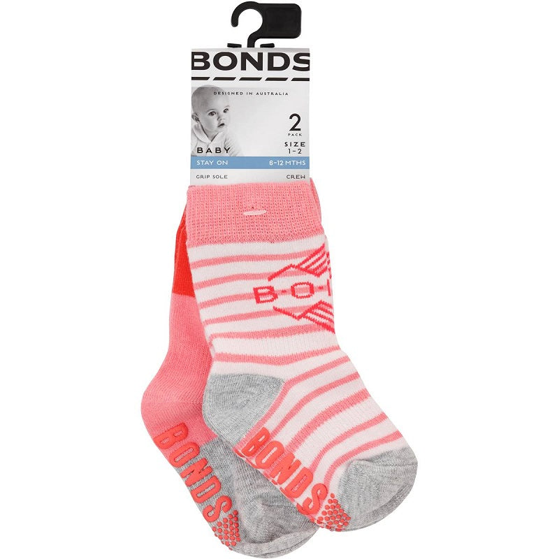 Bonds Baby Stay On Crew 2 pack Sock - Pink Stripe/Pink Grey