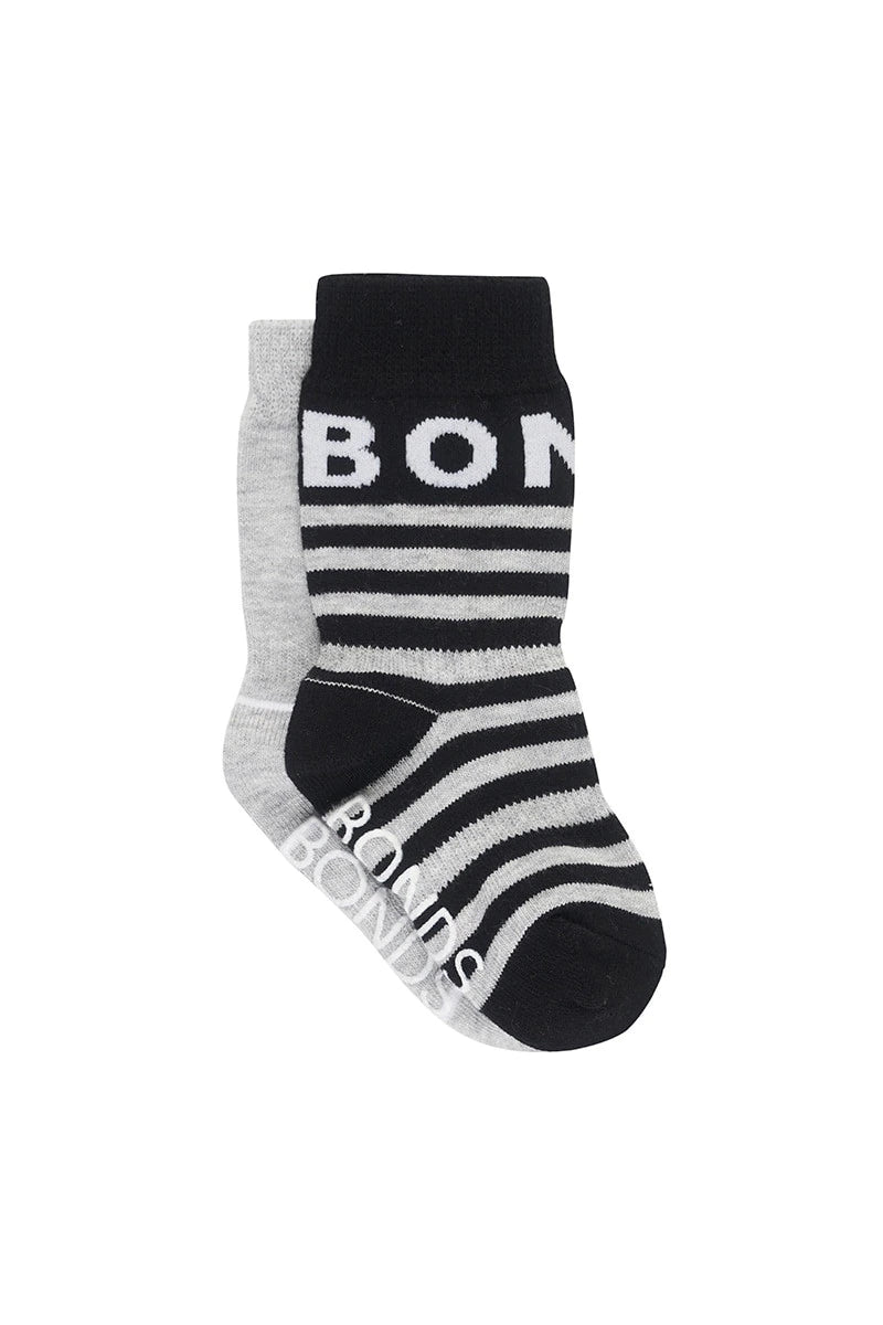 Bonds Baby Stay On Crew Socks 2 Pack - Black Stripe/New Grey Marle