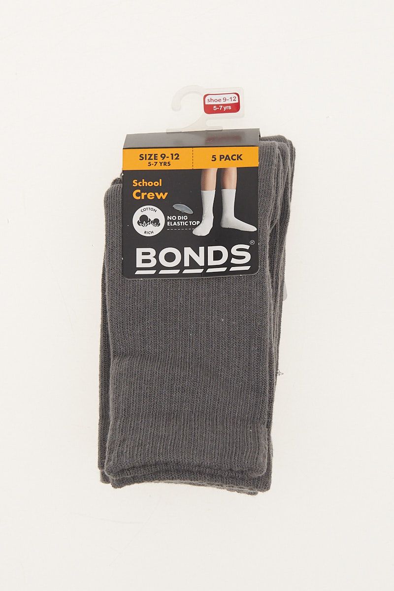 Bonds Kids Logo Light School Crew Socks 5 Pack - Grey