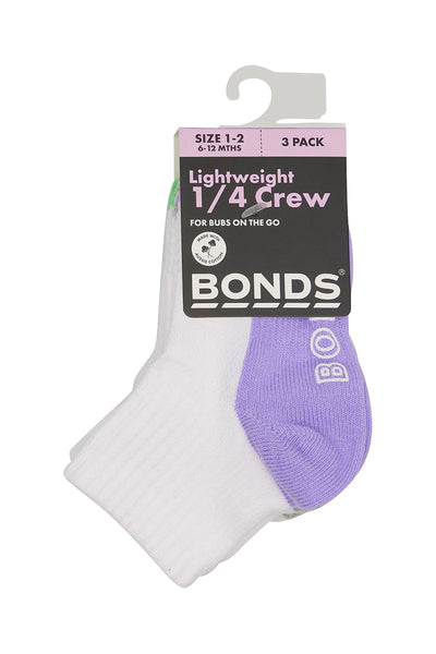 Bonds Baby Lightweight Quarter Crew 3 Pack - Lilac/Grey/Green