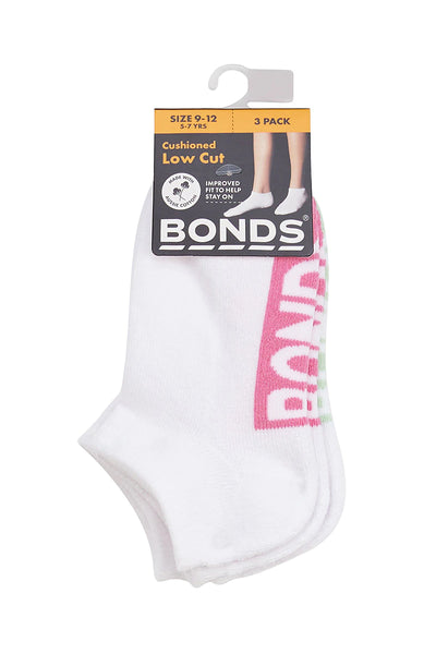 Bonds Kids Logo Cushioned Low Cut Socks 3 Pack - Pink/Lime/Red