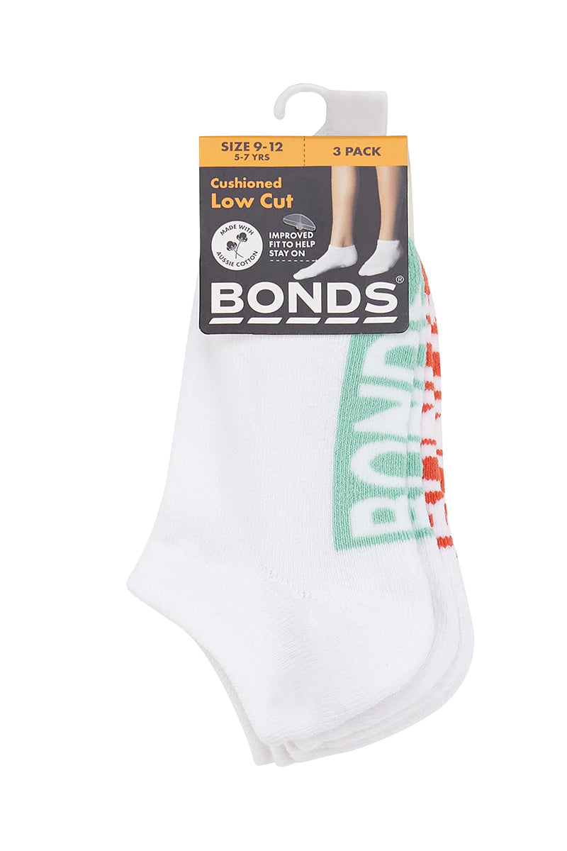 Bonds Kids Logo Cushioned Low Cut Socks 3 Pack - Mint/Red/Orange